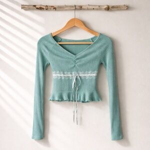 Urban Outfitters Mint Ribbed V-Neck Lace-Trim Tie-Waist Long Sleeve Top